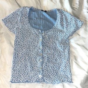 Blue and White Floral Button Down Top